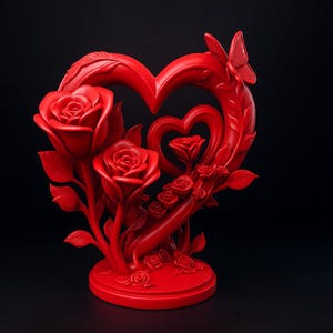 May include: A vibrant red heart-shaped sculpture with roses and a butterfly. The sculpture features three large roses, smaller roses, and a butterfly accent. The design includes a heart within a heart, all on a round base.