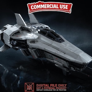 May include: A detailed, silver spaceship model with a sleek design. The image includes the text "COMMERCIAL USE" in a red banner and "DIGITAL FILE ONLY" at the bottom. The spaceship has multiple wings and a cockpit.