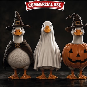 May include: Three white ducks with orange beaks and feet. The left duck wears a brown witch hat and cape. The middle duck is covered by a white ghost sheet. The right duck wears a brown witch hat and a carved orange pumpkin body suit. Text reads COMMERCIAL USE.