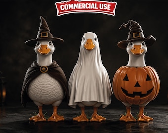 Halloween Goose STL OBJ File, Witch Ghost Pumpkin Duck 3D Print Decor, Cute Fall Figurine, Commercial Use