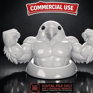 May include: A white, stylized bird figure with muscular arms and chest, flexing its biceps. The bird has a beak and small eyes. The words "COMMERCIAL USE" are in a red banner above the bird. The words "DIGITAL FILE ONLY" are at the bottom.