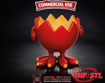Op de afbeelding: Een rood en geel eivormig bakje met een cartoonachtig ontwerp. De bak heeft een brede opening en wordt ondersteund door drie poten met oranje uiteinden. De afbeelding bevat de tekst "COMMERCIAL USE" en "DIGITAL FILE ONLY NOT A PHYSICAL PRODUCT INSTANT DOWNLOAD FOR 3D PRINTING".