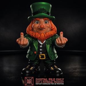May include: A digitally rendered leprechaun figurine with a green top hat, jacket, and black boots. The leprechaun has a red beard and is giving the middle finger with both hands. The image includes the text "DIGITAL FILE ONLY NOT A PHYSICAL PRODUCT INSTANT DOWNLOAD FOR 3D PRINTING."