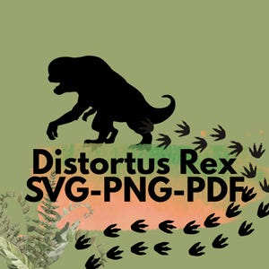 Peut inclure: Silhouette noire d'un dinosaure avec le texte "Distortus Rex" et "SVG-PNG-PDF" sur fond vert. Le design comprend des empreintes de pas de dinosaure. Le fond a un effet aquarelle.