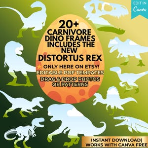 Può includere: Design grafico digitale con sagome di dinosauri bianchi su sfondo sfumato verde e giallo. Il testo include "20+ Carnivore Dino Frames" e "Distortus Rex". Per modelli PDF modificabili.
