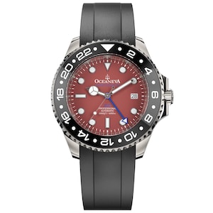 Puede incluir: Un reloj de pulsera de acero inoxidable con bisel negro y esfera roja. El reloj tiene una correa de caucho negra y presenta la marca "OCEANEVA". La esfera muestra la fecha y tiene marcadores luminosos.