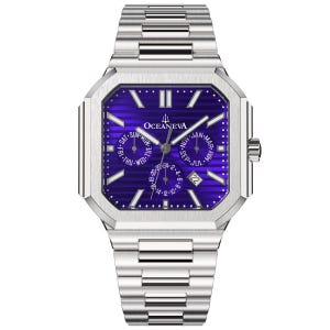 May include: A silver-toned wristwatch with a square, deep blue face. The watch features a date display, day of the week, and month indicators. The brand name "OCEANEVA" is visible on the watch face. The watch has a stainless steel band.