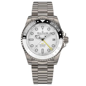 May include: A stainless steel Oceaneva GMT Professional Automatic watch with a white face, black and silver bezel, and a date display. The watch features a silver band and a yellow accent on the second hand.