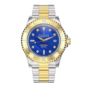 Può includere: Un orologio da polso bicolore in acciaio inossidabile e oro con quadrante blu. L'orologio presenta una lunetta dorata con indicatori dei minuti e la scritta "OCEANEVA Deep Marine Explorer III". Ha un'indicazione della data alle 3 e un cinturino bicolore.