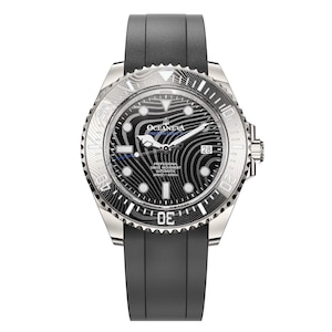 May include: A stainless steel Oceaneva watch with a black dial and a black rubber strap. The watch features a patterned bezel and a date display at the 3 o'clock position. The watch has the text "OCEANEVA" and "SWISS MOVEMENT" on the dial.