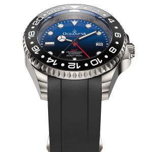 K&ouml;nnte beinhalten: Edelstahl Oceaneva GMT Professional Automatic Uhr mit schwarzer L&uuml;nette und blauem Zifferblatt. Schwarzes Kautschukarmband. Datumsanzeige. Wasserdicht bis 200m. Das Zifferblatt zeigt den Text "Oceaneva".