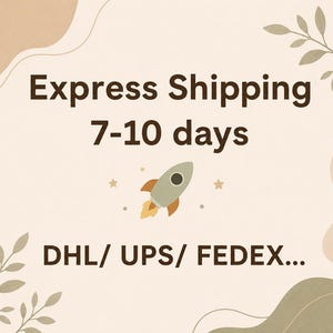 May include: Image with the text "Express Shipping 7-10 days" and a cartoon rocket ship with a flame. The background is a light beige color with decorative leaf and swirl elements.