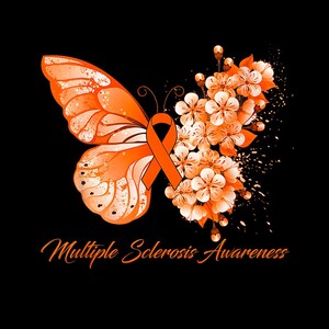 Peut inclure: Un papillon orange avec un ruban et des motifs floraux, sur fond noir. Le design du papillon comprend le texte "Multiple Sclerosis Awareness" en écriture cursive, pour sensibiliser à la cause.
