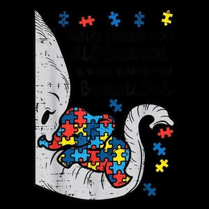 Peut inclure: Illustration d'un éléphant gris avec un bébé éléphant fait de pièces de puzzle. Le bébé éléphant est composé de pièces de puzzle rouges, bleues et jaunes. Le texte dit : « Ce qui vous rend différent est ce qui vous rend beau ».