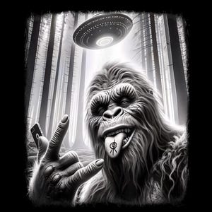 Peut inclure: Illustration en noir et blanc d'une créature ressemblant à Bigfoot tenant un smartphone et faisant le signe de la main rock and roll. Un OVNI plane au-dessus dans une forêt. La créature tire la langue avec un symbole dessus.