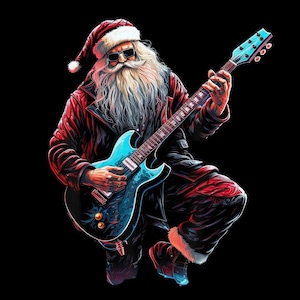 Puede incluir: Ilustración digital de Papá Noel tocando una guitarra eléctrica azul. Papá Noel lleva una chaqueta de cuero roja, pantalones y un gorro con gafas de sol. Su larga barba blanca contrasta con el fondo negro.