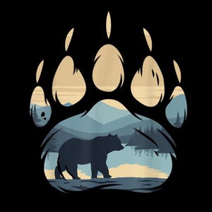 Peut inclure: Design graphique noir représentant une empreinte de patte d'ours avec un paysage à l'intérieur. La scène comprend une silhouette d'ours, des montagnes, des arbres et un lac, le tout dans des tons de bleu, beige et noir.