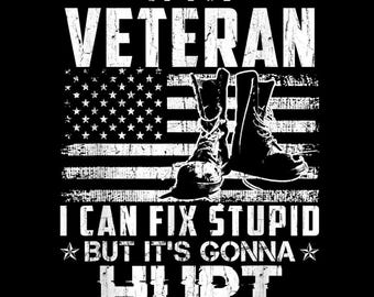Puede incluir: Diseño gráfico negro con el texto "I'M A VETERAN" sobre una bandera estadounidense y botas de combate. Debajo de la bandera, el texto dice "I CAN FIX STUPID BUT IT'S GONNA HURT."