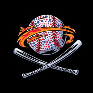 Peut inclure: Graphique sur le thème du baseball sur fond noir. Une balle de baseball avec des points rouges et bleus et des coutures rouges est encerclée d'un motif orange et jaune flamboyant. Deux battes de baseball argentées croisées sont en dessous.