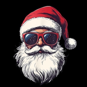 May include: Illustration of Santa Claus wearing red sunglasses and a red hat with a white pom-pom. Santa has a long white beard and mustache. The background is solid black.