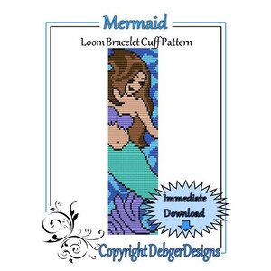 May include: A colorful loom bracelet cuff pattern featuring a mermaid with brown hair, a purple seashell bra, and a turquoise tail. The pattern is titled "Mermaid Loom Bracelet Cuff Pattern" and includes the text "Immediate Download" with a downward arrow. The text "Copyright DebgerDesigns" is at the bottom of the image.