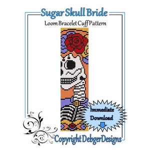 Op de afbeelding: Sugar Skull Bride Loom Armband Manchet Patroon. Een kleurrijk loom armband patroon met een suiker schedel met bloemen en een skelet ontwerp. Het patroon is direct te downloaden.