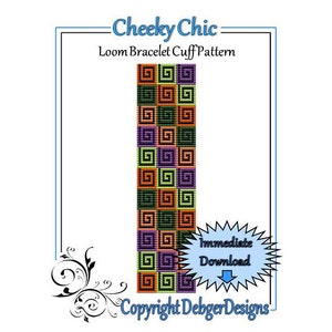 May include: A digital pattern for a loom bracelet cuff with a repeating geometric design in black, orange, green, and purple. The text "Cheeky Chic" and "Loom Bracelet Cuff Pattern" are at the top. The words "Immediate Download" are in a blue burst.