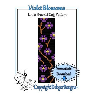 May include: A loom bracelet cuff pattern featuring a design of purple blossoms with orange branches on a black background. The pattern is titled "Violet Blossoms" and includes the text "Loom Bracelet Cuff Pattern" and "Copyright DebbgerDesigns".