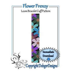 May include: A loom bracelet cuff pattern featuring a colorful floral design with purple, blue, green, and brown flowers. The pattern is called "Flower Frenzy" and is available for immediate download. The text "Copyright DebgerDesigns" is at the bottom of the image.