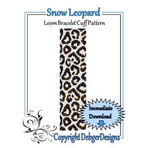 May include: Snow Leopard Loom Bracelet Cuff Pattern, a digital download pattern for a loom bracelet with a brown and white leopard print design. The pattern includes the text "Immediate Download" and "Copyright DebgerDesigns".