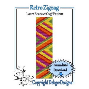 May include: A digital download pattern for a loom bracelet cuff in a retro zigzag design with orange, yellow, green, and purple colours. The pattern is titled "Retro Zigzag" and includes the text "Loom Bracelet Cuff Pattern" and "Copyright DebbgerDesigns".