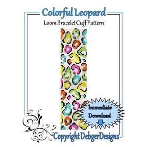 May include: Colorful leopard print loom bracelet cuff pattern. The pattern is made up of yellow, green, pink, blue, orange, and white beads. The pattern is available for immediate download. Copyright DebgerDesigns.