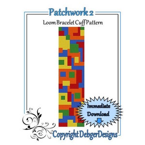 Op de afbeelding: Een kleurrijk loom armbandpatroon genaamd "Patchwork 2". Het patroon bevat een mix van rode, oranje, gele, groene, blauwe en witte vierkanten.