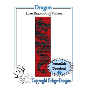 Può includere: Un modello di braccialetto a telaio rosso e nero con un design a drago. Il modello è intitolato "Dragon" e include il testo "Loom Bracelet Cuff Pattern" e "Copyright DebbgerDesigns".