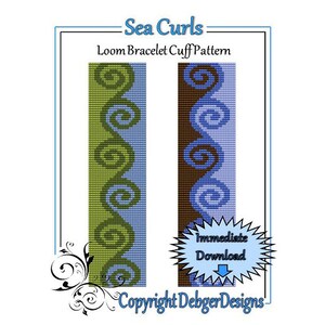 May include: A digital download pattern for a loom bracelet cuff called "Sea Curls". The pattern features two designs, one with green and blue swirls and the other with brown and blue swirls. The text "Immediate Download" is in a starburst shape.