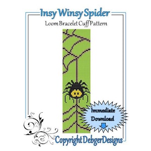 May include: A green, black, and yellow loom bracelet cuff pattern featuring a spider on a web. The pattern is titled "Insy Winsy Spider" and includes the text "Loom Bracelet Cuff Pattern" and "Immediate Download".