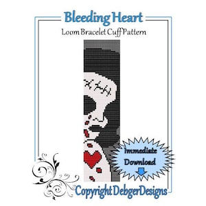 May include: Black and white loom bracelet cuff pattern featuring a skull with a bleeding heart. The pattern is titled "Bleeding Heart" and includes the text "Loom Bracelet Cuff Pattern" and "Copyright DebgerDesigns".