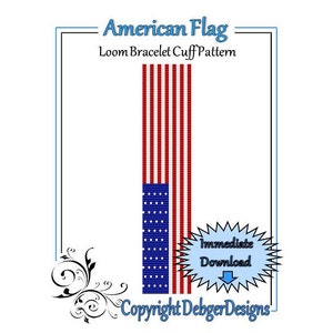 Puede incluir: Patrón de brazalete de telar American Flag. Un patrón de descarga digital para un brazalete de telar con rayas rojas, blancas y azules y un patrón de estrellas azules.