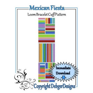 May include: A colorful loom bracelet cuff pattern called "Mexican Fiesta". The pattern features a variety of colors, including red, orange, yellow, green, blue, purple, and white. The pattern is designed to be made with a loom and is suitable for beginners.