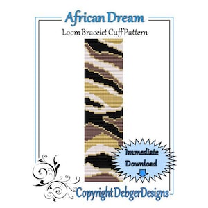 May include: African Dream Loom Bracelet Cuff Pattern, a digital download pattern for a loom bracelet with a black, white, gold, and brown camouflage pattern. The pattern is available for immediate download.