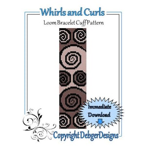 May include: A loom bracelet cuff pattern with a black and brown swirl design. The pattern is called "Whirls and Curls" and is available for immediate download. The text "Copyright DebgerDesigns" is at the bottom of the image.