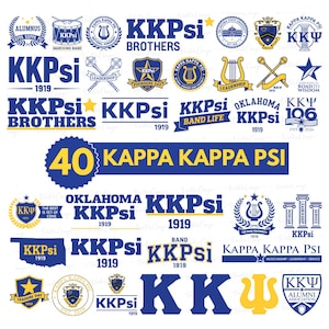 May include: A collection of blue and gold Kappa Kappa Psi fraternity logos and emblems. The designs include text such as "Brothers," "Founders Day," and "Band Life." The logos feature musical instruments and the Greek letters KKPsi.