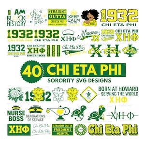 Puede incluir: Una colección de 40 diseños SVG de la hermandad Chi Eta Phi en verde y amarillo. Los diseños incluyen texto, ilustraciones y las letras griegas de la hermandad. Los diseños incluyen el texto "1932" y "Born at Howard - Serving the World".