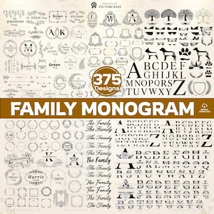Puede incluir: Un gráfico de descarga digital que presenta 375 diseños de monogramas familiares. La imagen incluye varias fuentes, marcos y elementos decorativos, con el texto "FAMILY MONOGRAM" en un lugar destacado. Incluye el texto "PRODUCT OF VECTORCRAZE" y "DIGITAL DOWNLOAD".