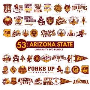 Op de afbeelding: Een verzameling van 53 Arizona State University SVG-ontwerpen. De ontwerpen bevatten het ASU-logo, het Sun Devils-mascotte en zinnen als "Forks Up" en "Desert Devil Pride" in kastanjebruin en goud.