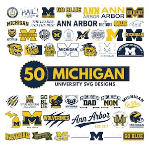 Può includere: Una collezione di 50 design SVG dell'Università del Michigan in blu navy e giallo. I design includono loghi, mascotte ed elementi testuali come "Go Blue", "Ann Arbor" e "Wolverines". È presente anche il testo "50 MICHIGAN UNIVERSITY SVG DESIGNS".