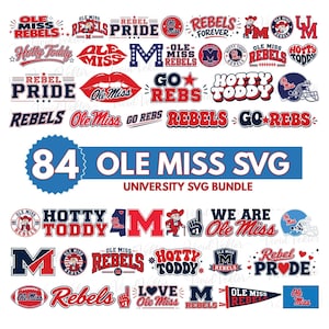 Puede incluir: Una colección de gráficos SVG con temática de Ole Miss en rojo, azul y blanco. Los diseños incluyen texto como "Rebels", "Hotty Toddy" y "Ole Miss", junto con varios logotipos y símbolos asociados con la universidad. La imagen también incluye el texto "84 OLE MISS SVG UNIVERSITY SVG BUNDLE."
