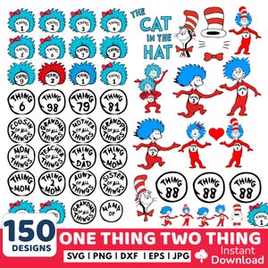 Könnte beinhalten: Digitaler Download mit 150 Designs, inspiriert von "Der Kater mit Hut". Enthält Bilder von Ding 1, Ding 2 und anderen Charakteren sowie Textelemente. Verfügbar in SVG, PNG, DXF, EPS und JPG Formaten. Ein farbenfrohes Design.
