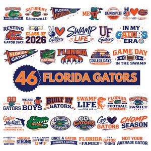 May include: A collection of Florida Gators logos and graphics in orange, blue, and green. Designs include text like "Gators," "Swamp Life," and "Game Day," along with a gator mascot and football imagery. Ideal for fan merchandise.