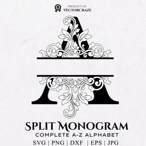 Op de afbeelding: Zwart-wit split monogram ontwerp met de letter "A" met sierlijke bloemversieringen. De tekst "SPLIT MONOGRAM" en "COMPLETE A-Z ALPHABET" worden ook weergegeven. Product van VectorCraze.
